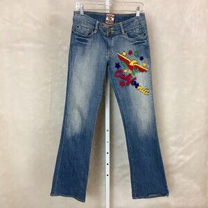Vintage Y2K 00s People For Peace Low Rise Embroidered Flare Jeans 31